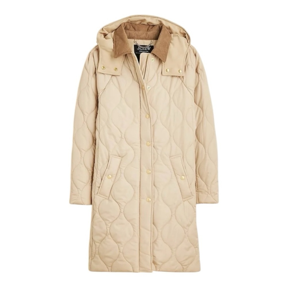 J Crew Puffer Barn Corduroy Collar Jacket PrimaLoft Long Length Neutral NEW